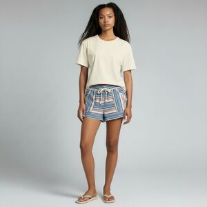 Rewind Striped Linen Blend Shorts Medium Boho Beach Festival Drawstring Pockets